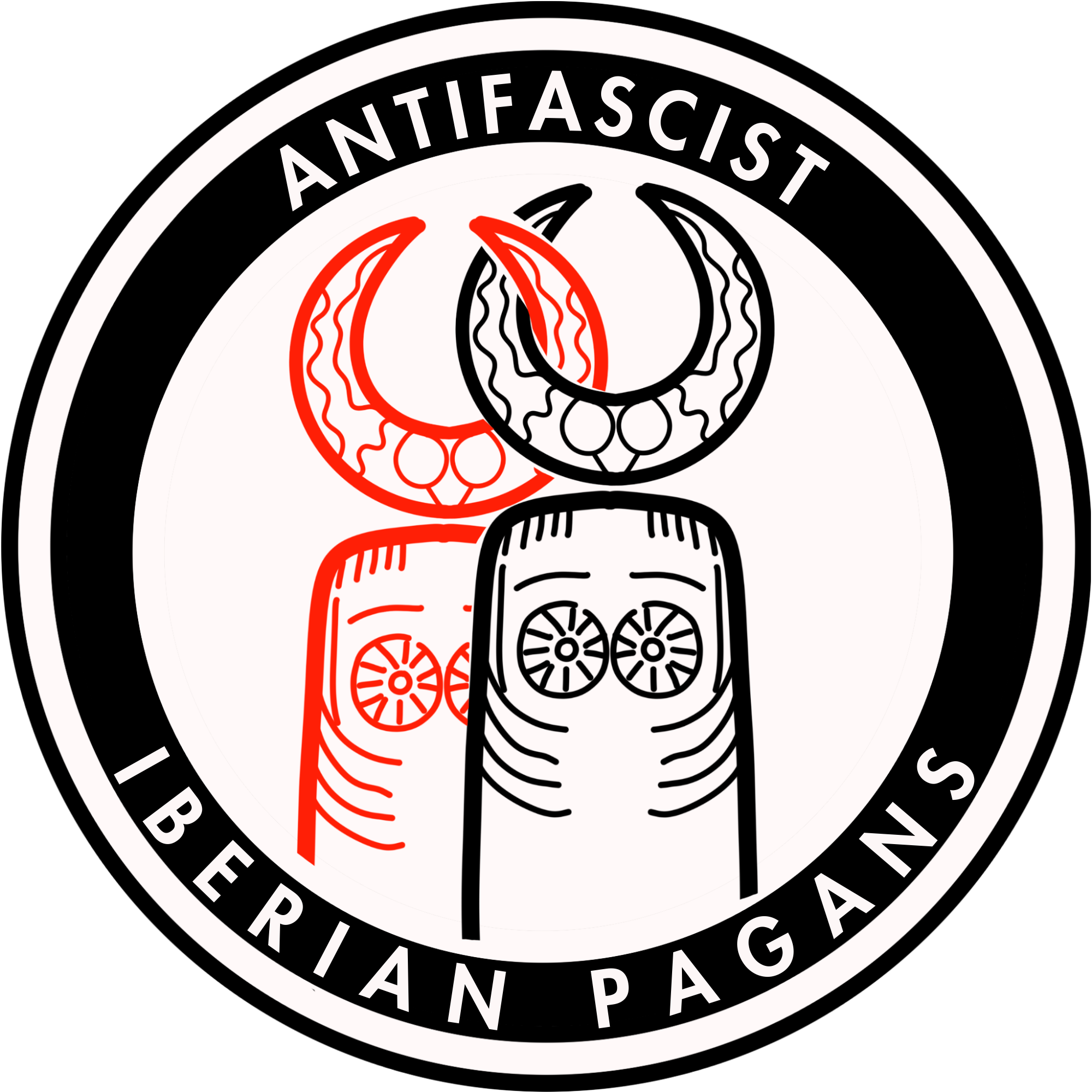 A badge reading 'antifascist iberian pagans,' depicting two carved ancestor figurines with crescent-moon crowns